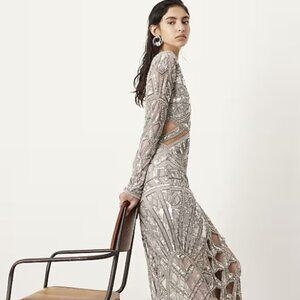 ASOS EDITION embellished long sleeve sequin cut work plunge neck midaxi dress